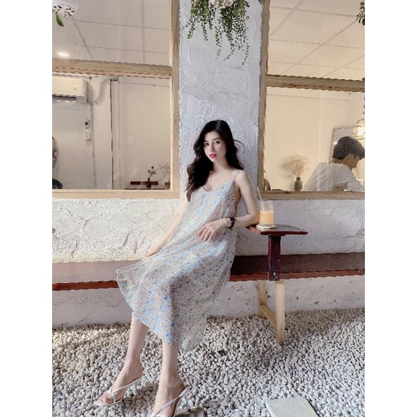 Đầm 2 Dây Hở Lưng, Đầm Hoa Đan Lưng