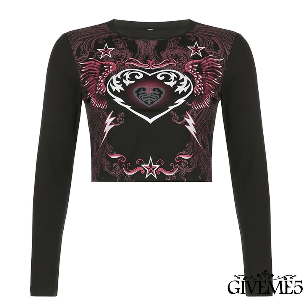 Áo thun tay dài cổ tròn in hình trái tim đôi cánh sáng tạo cho nữ