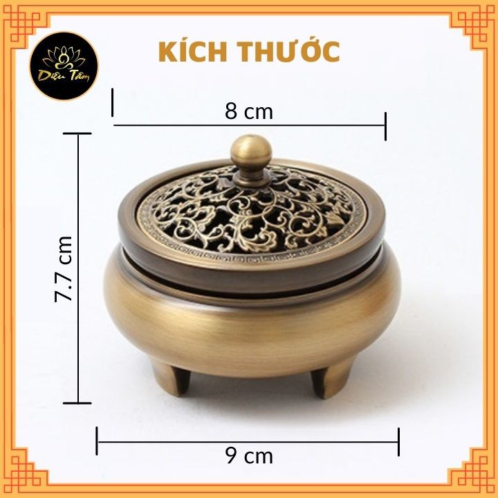 Lư xông trầm hương bằng đồng tặng nhang vòng, trụ cắm nhang và lót chống cháy.