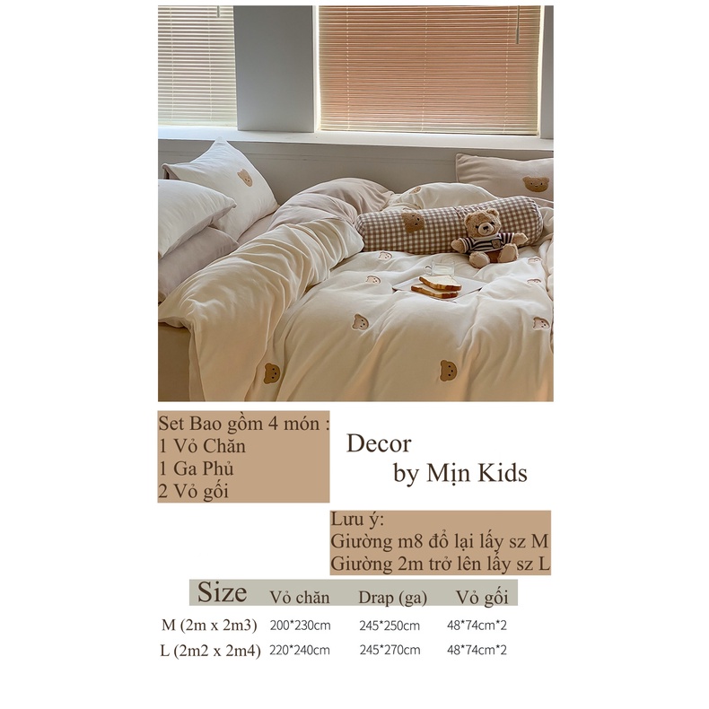 Bộ chăn ga gối cao cấp, ga gối MỊN KIDS, hình gấu chất vải nỉ nhung mềm mịn