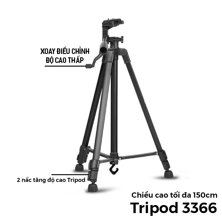 Gậy Tripod 3 Chân Cho Điện Thoại Và Máy Ảnh 3366 Dài 1m50 Cao Cấp - Tặng Kèm Đầu Kẹp Điện Thoại Và Remote Bluetooth
