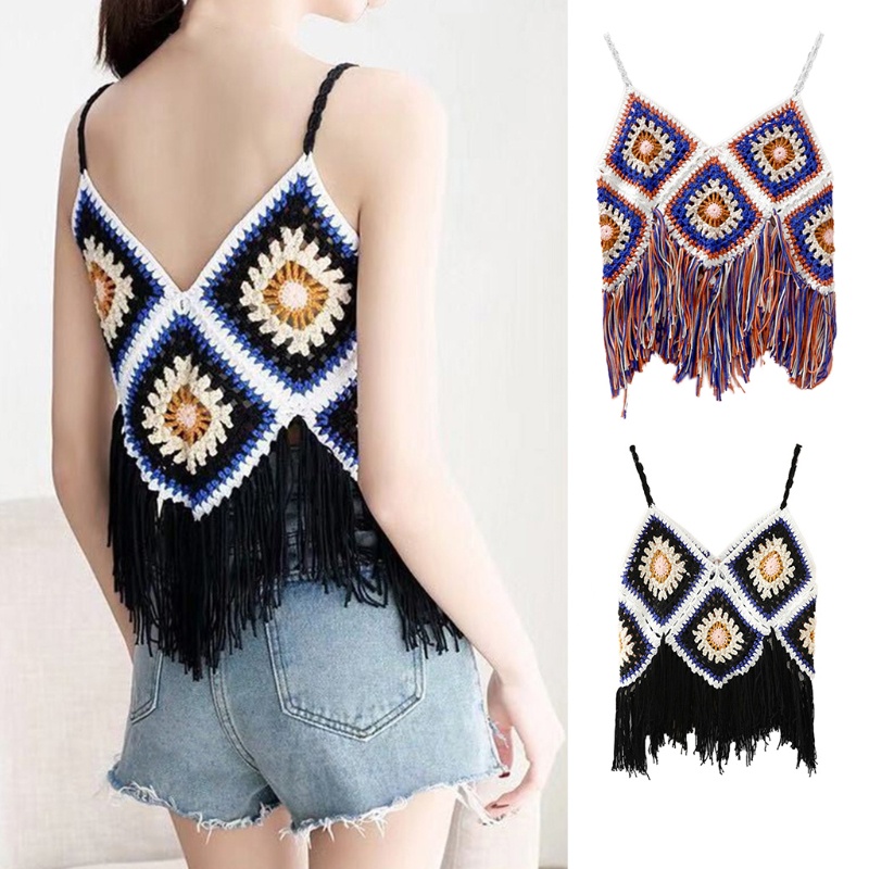Áo Croptop Dệt Kim Không Tay Cổ Chữ V Họa Tiết Hình Thoi Nhiều Màu Phong Cách Boho Quyến Rũ Cho Nữ