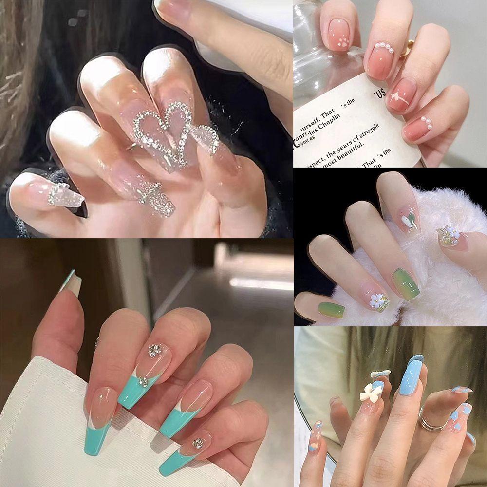 Set 24 Móng Tay Giả Kiểu Pháp Màu Vàng Kim|Hoa Giả Trang Trí Nhà Cửa|Bộ Móng Tay Giả Hình Trái Tim Xinh Xắn
