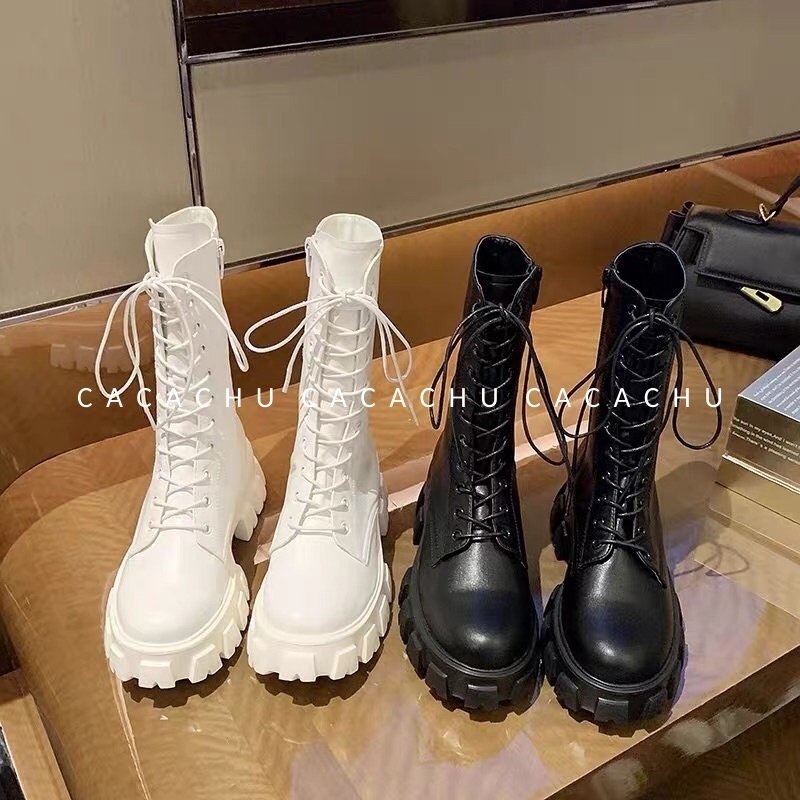 Bốt nữ cao cổ Ulzzang 20cm Boot hàng QC cao cấp đẹp dây buộc có khóa kéo đế cao 5.5cm màu đen trắng hot CACACHU G024