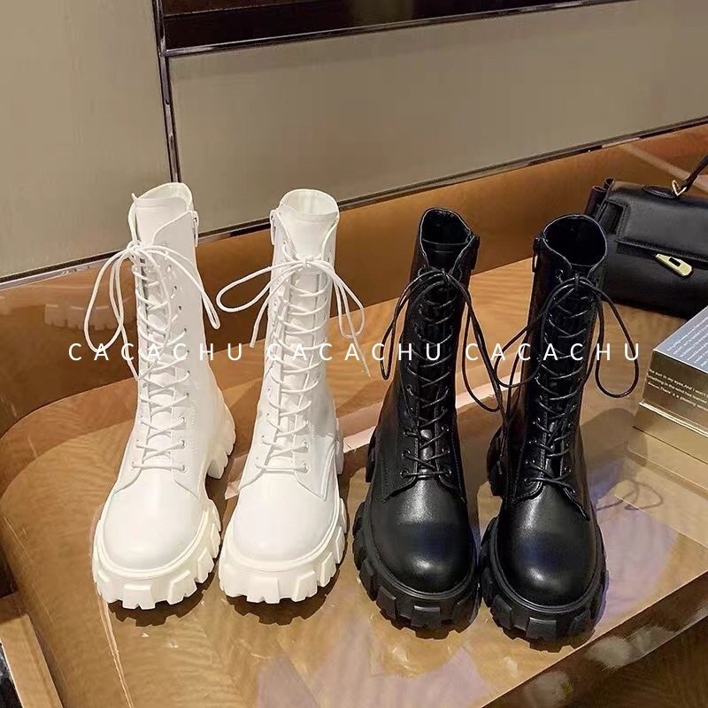 Bốt nữ cao cổ Ulzzang 20cm Boot hàng QC cao cấp đẹp dây buộc có khóa kéo đế cao 5.5cm màu đen trắng hot CACACHU G024 | BigBuy360 - bigbuy360.vn