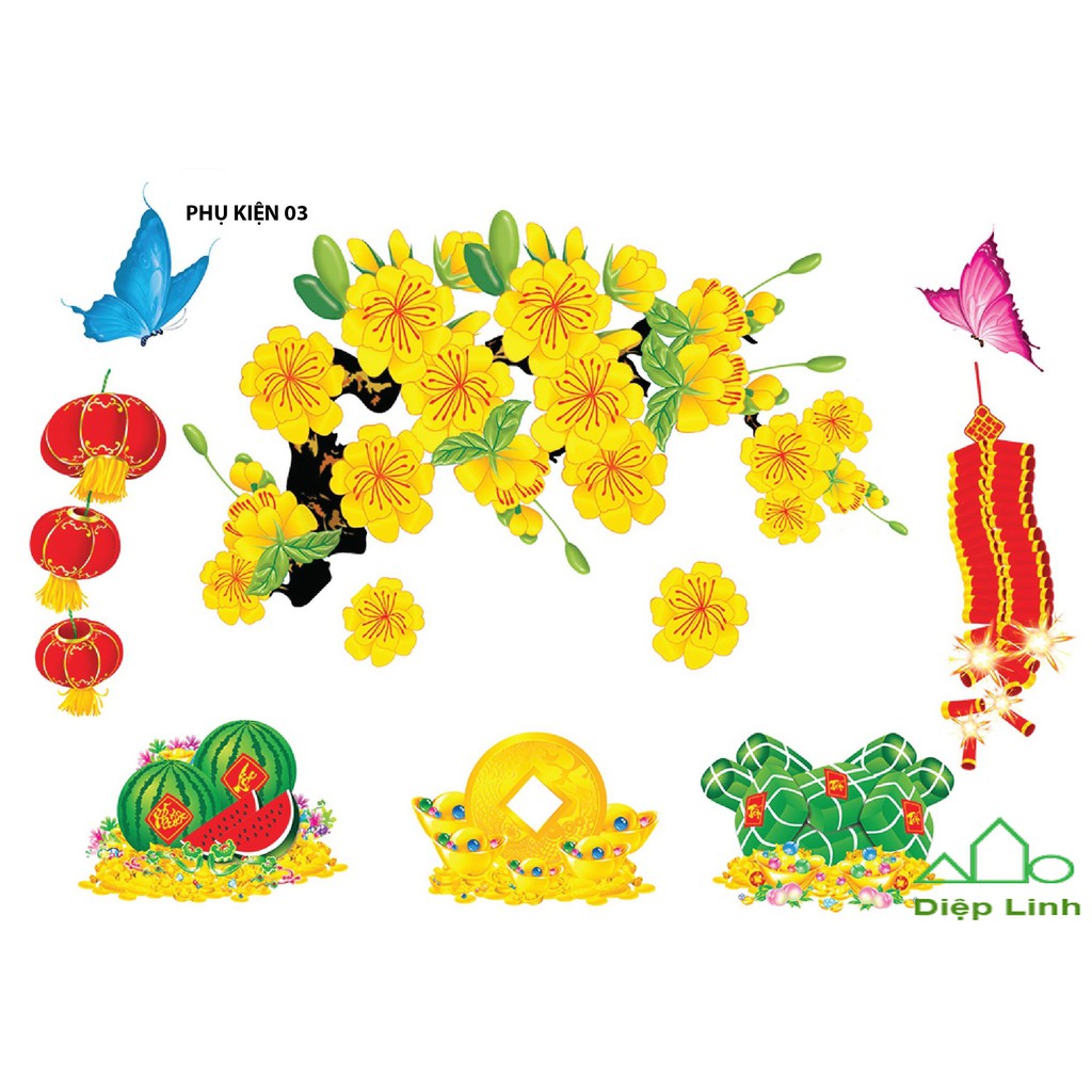 Decal trang trí tết hoa mai hoa đào nổi 4D size nhỏ