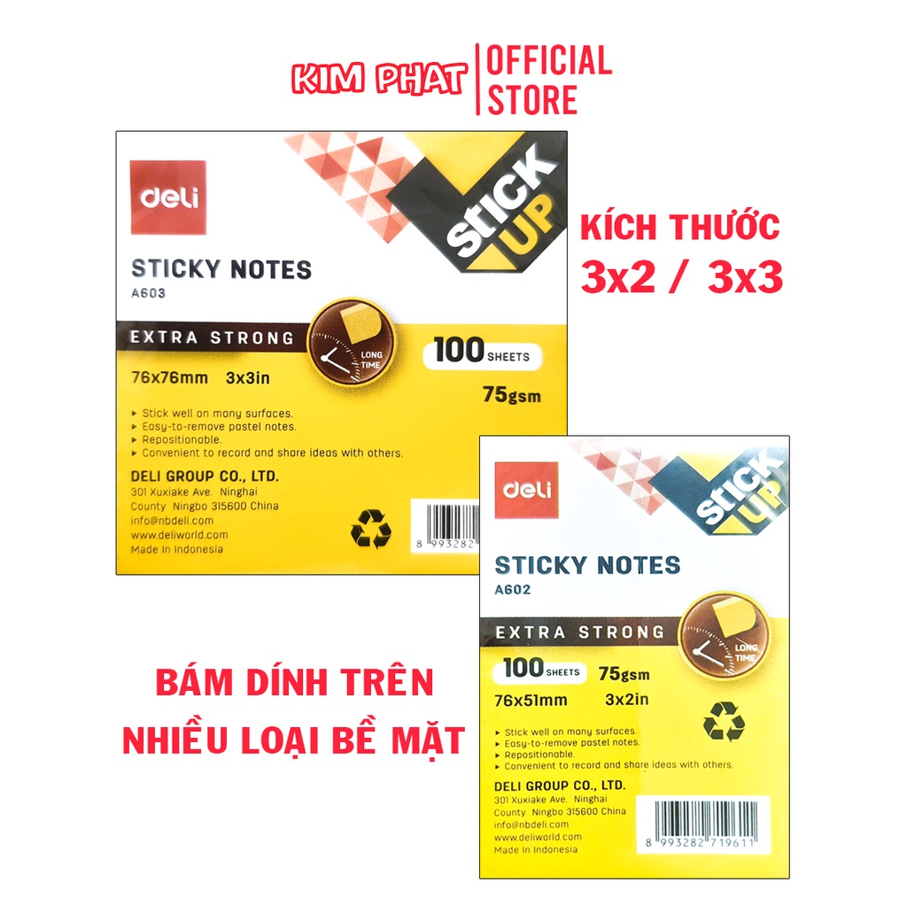 Giấy nhớ, Giấy Note DELI Màu Vàng, 3x2, 3x3, 100 tờ