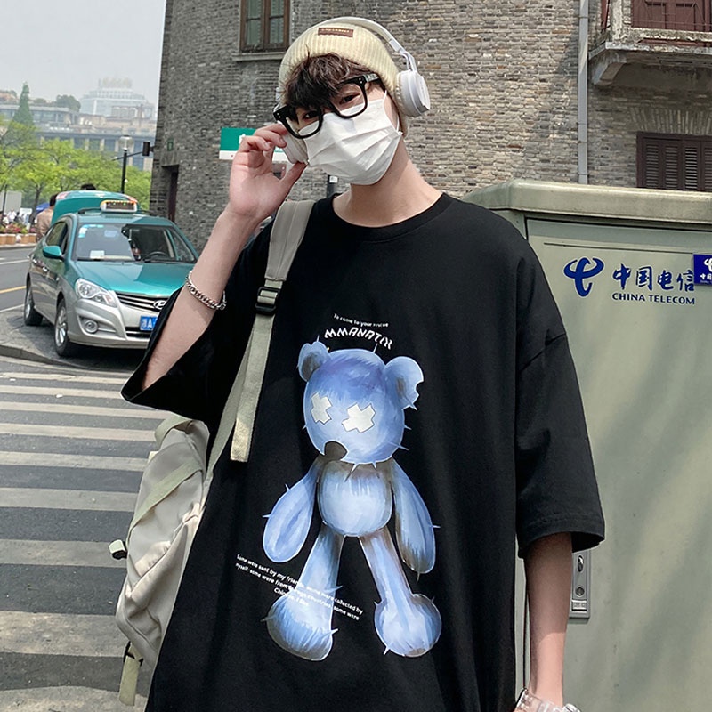 Áo thun tay ngắn cổ tròn dáng rộng in họa tiết gấu phong cách cá tính Hàn Quốc thời trang đường phố cho nam size S-8XL