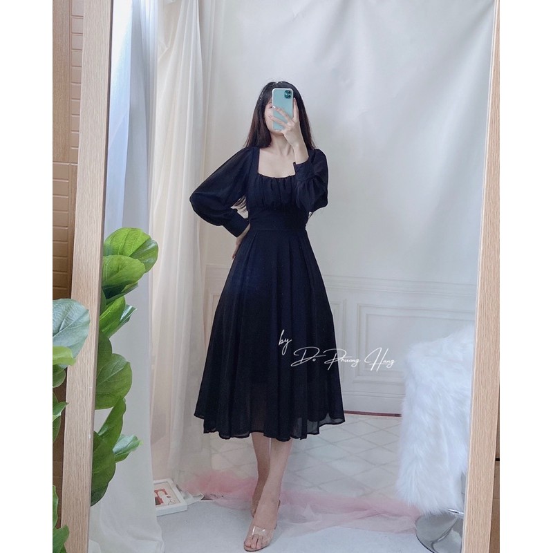 [ẢNH & VIDEO THẬT]_Đầm Midi Voan Chiffon Cổ Vuông Ngực Xếp Ly Freesize 40-60kg HANNHOUSE 1361