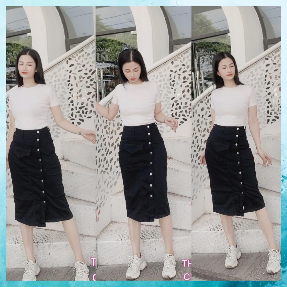 Chân váy Jeans dáng dài, chân váy bò lưng cao túi nắp phối hàng khuy. Mã V1145