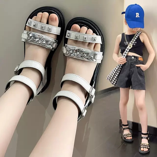sandal chiến binh bé gái dép cho bé 2 quai dán đế mềm da PU êm chân mẫu mới xích bóng sang chảnh 189  ( có ảnh thật)