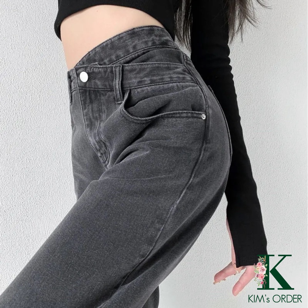 Quần Jeans Nữ Cạp Lệch Ống Đứng Màu Đen Khói Lưng Cao Dáng Rộng Ống Dài Phong Cách Ulzzang Cá Tính Loại 1 Có Bigsize