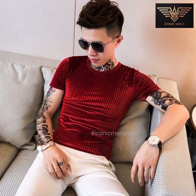 Áo thun nhung nam sọc gân màu đỏ rượu vang
