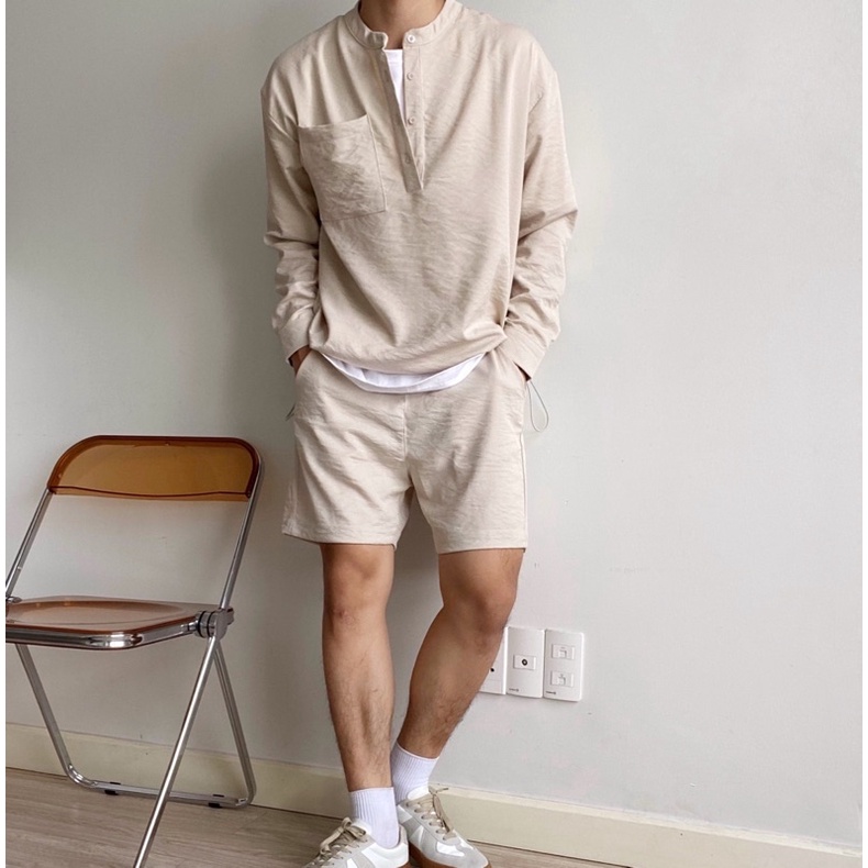 SANTÉ STUDIO - Set sơ mi dài tay và quần short vải đũi phong cách Hàn Quốc - TWINS SET