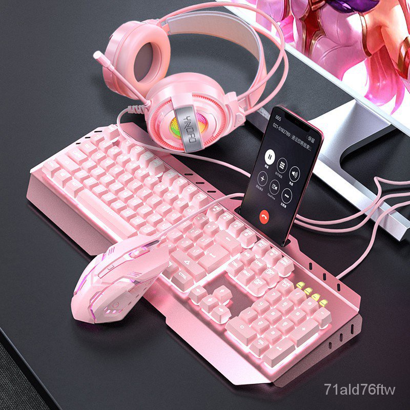 Set bàn phím cơ + chuột có đèn nền + tai nghe cổng USB màu hồng dễ thương cho chơi game