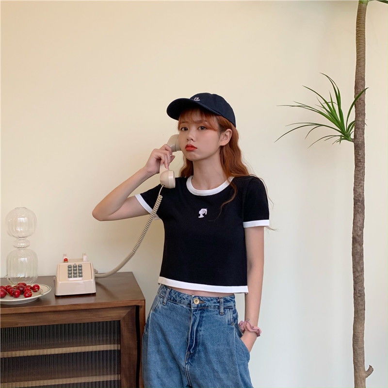 Áo Thun Lụa Lạnh Tay Ngắn Dáng Rộng Màu Sắc Tương Phản Thời Trang Mùa Hè Dành Cho Nữ