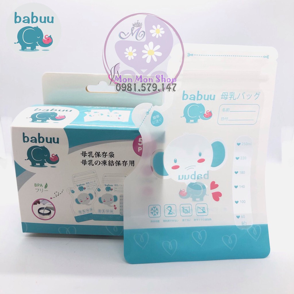 Tặng bút ghi - Hộp 50 túi trữ sữa Babuu Baby 250ml có đầu cắt rót sữa - thương hiệu Nhật Bản