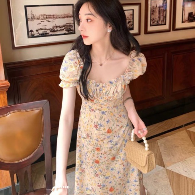 (HÀNG SẴN) Váy hoa nhí sơn dầu dáng dài cổ vuông style Vintage nhẹ nhàng dịu dàng kiểu Pháp (NEW ARRIVALS 2021)