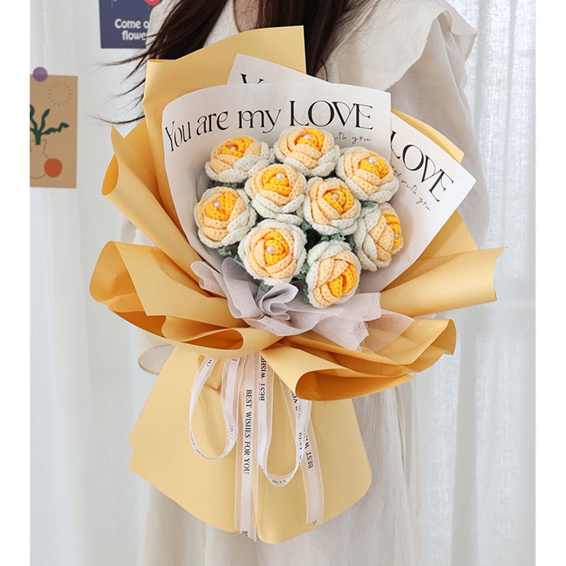 Sản Phẩm Hoàn Thiện Bó Hoa Hồng Đan Len Thủ Công Màu Gradient Sáng Tạo Làm Quà Tặng Sinh Nhật Bạn Gái