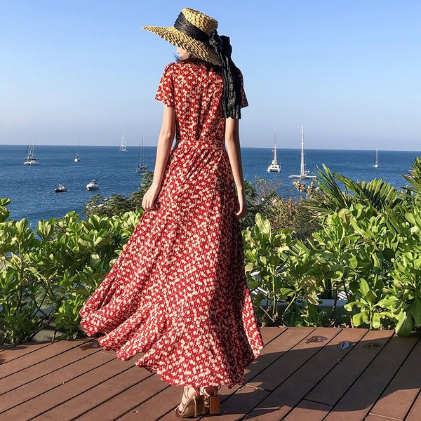 Đầm Maxi chất Chiffon tay ngắn hoạ tiết in thiết kế đáng yêu cho phái nữ | BigBuy360 - bigbuy360.vn