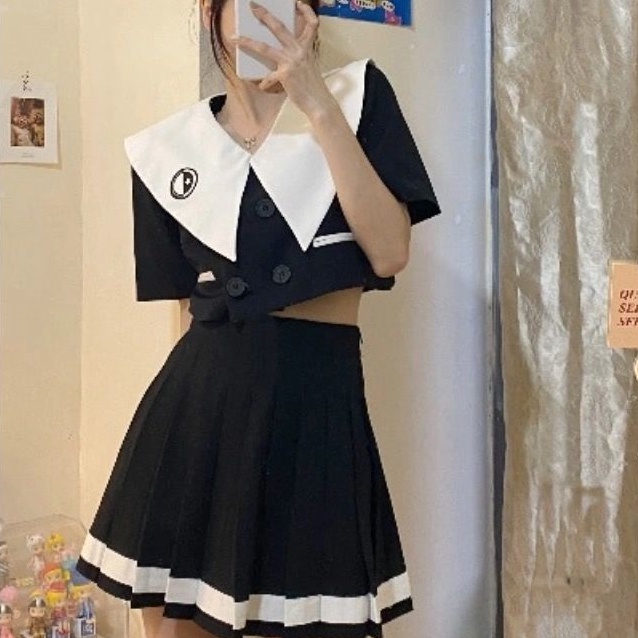 Bộ Áo Khoác Cổ Thủy Thủ Màu Sắc Tương Phản + Chân Váy Xếp Ly Lưng Cao Dáng Ôm Xinh Xắn Cho Nữ