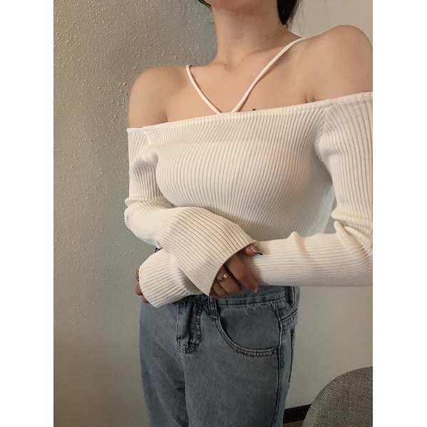 Áo thun len, áo trễ vai cách điệu chất liệu len tăm mềm mịn kiểu dáng ôm body hai màu đen trắng thời trang dành cho nữ