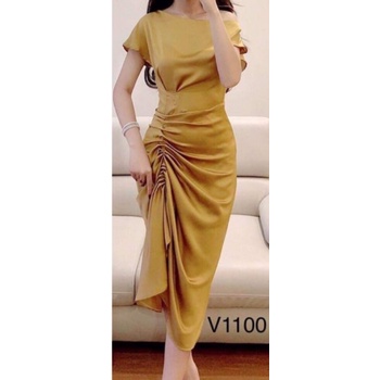 Pass Đầm phi lụa lệch vai che bụng cực xinh