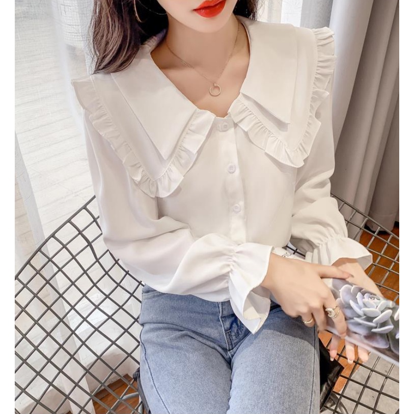 Áo Sơ Mi Chiffon Tay Dài Cổ Búp Bê Ngọt Ngào Thời Trang Cho Nữ