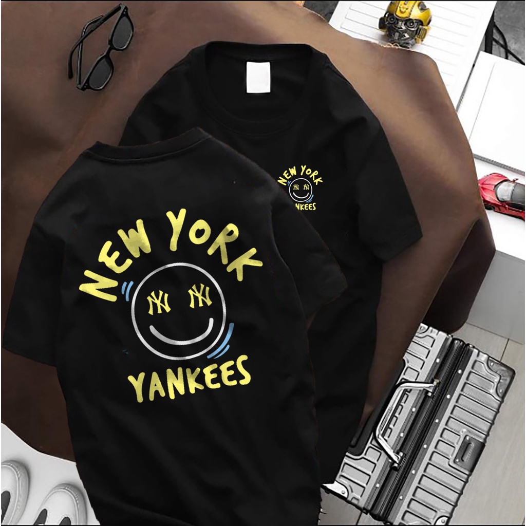 BIGSIZE - Áo thun nam phối tay ngắn form unisex size lớn, bigsize 75kg đến 125kg NEW YORK YANKEES in vàng