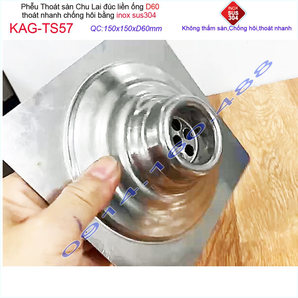 Phễu thoát sàn Chu Lai 15x15cm KAG-TS57-D60, Thoát sàn chống hôi ống 6cm SUS304 inox đúc dày thoát nhanh chặn tóc tốt