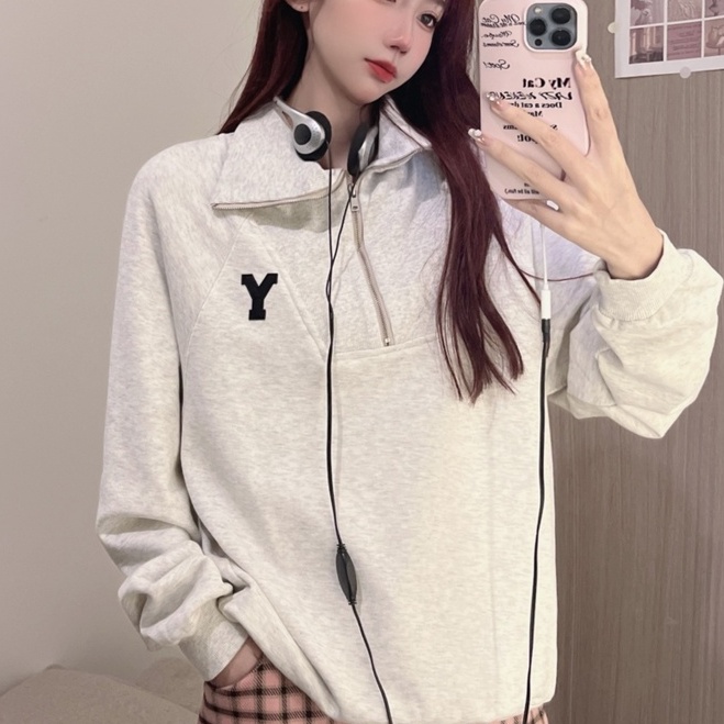 ZHELIHANGFEI Áo Thun POLO Tay Dài Có Dây Kéo Với Họa Tiết Thêu Theo Phong Cách Preppy Hợp Thời Trang