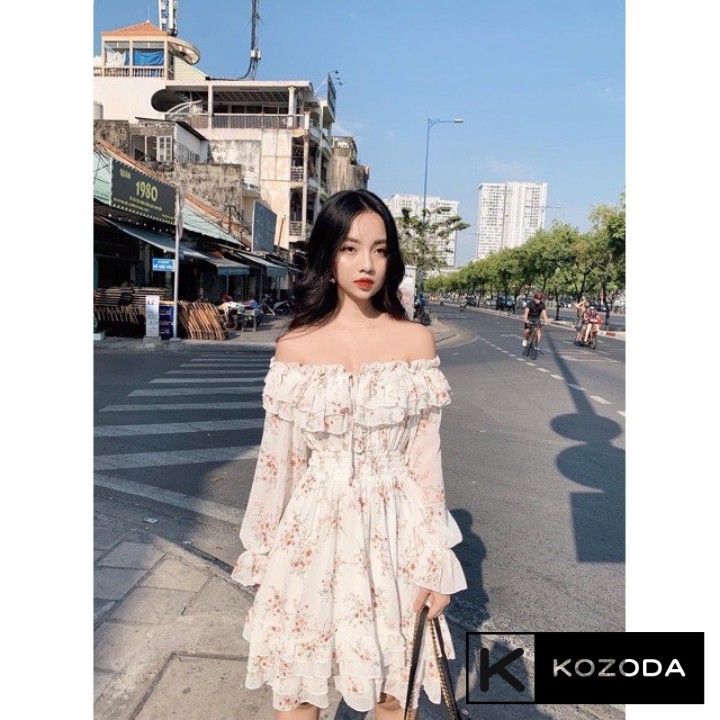 Váy Hoa Nhí Đầm Voan vintage Dáng Dài đẹp trễ vai bèo dài tay chun eo dáng xòe có lớp lót Quảng Châu kozoda d16 | BigBuy360 - bigbuy360.vn