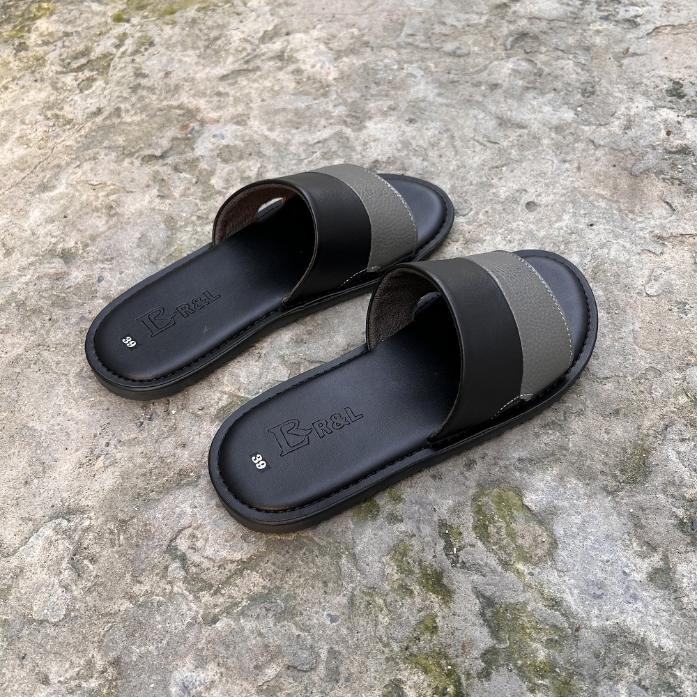 Dép da nam quai ngang phối đen xám thời trang - Da bò thật
