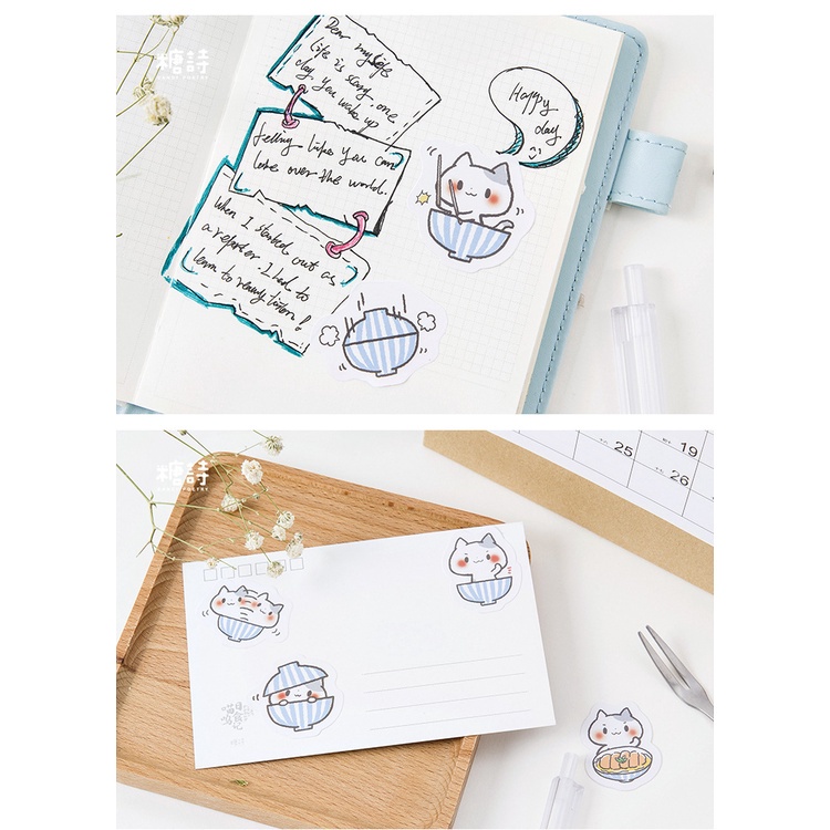 Hộp 45 sticker Mèo và Bát nhãn dán trang trí sổ tay Bullet journal