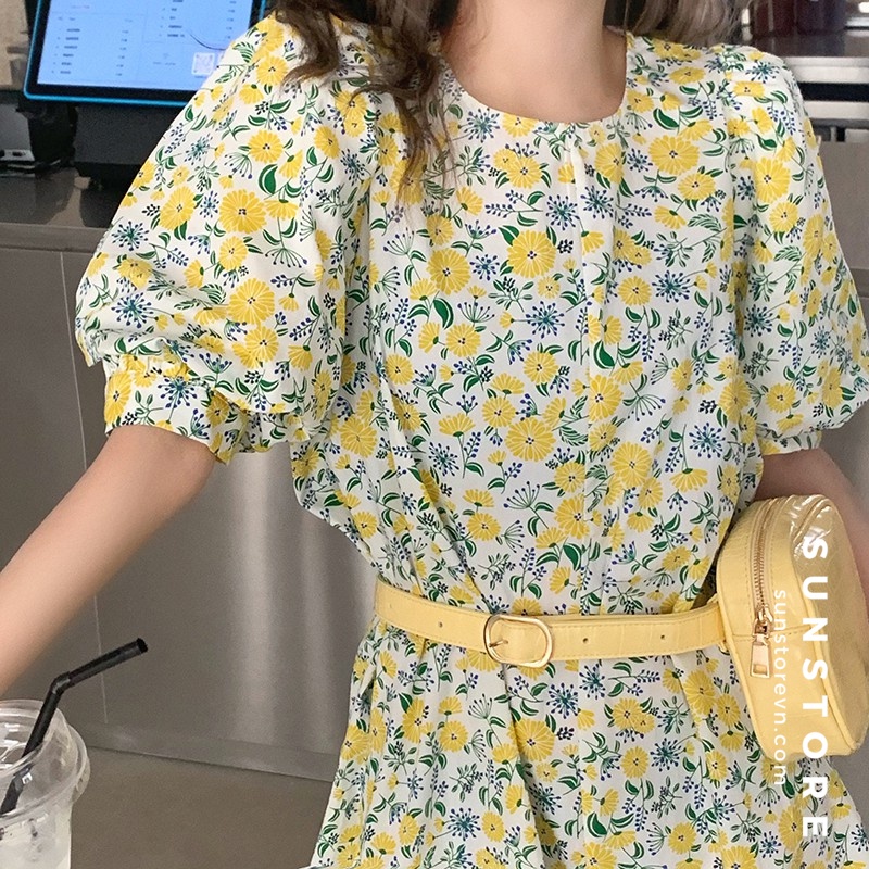 Đầm hoa nhí dáng ngắn mini váy xoè tay tay bồng ngắn kèm dây cột eo