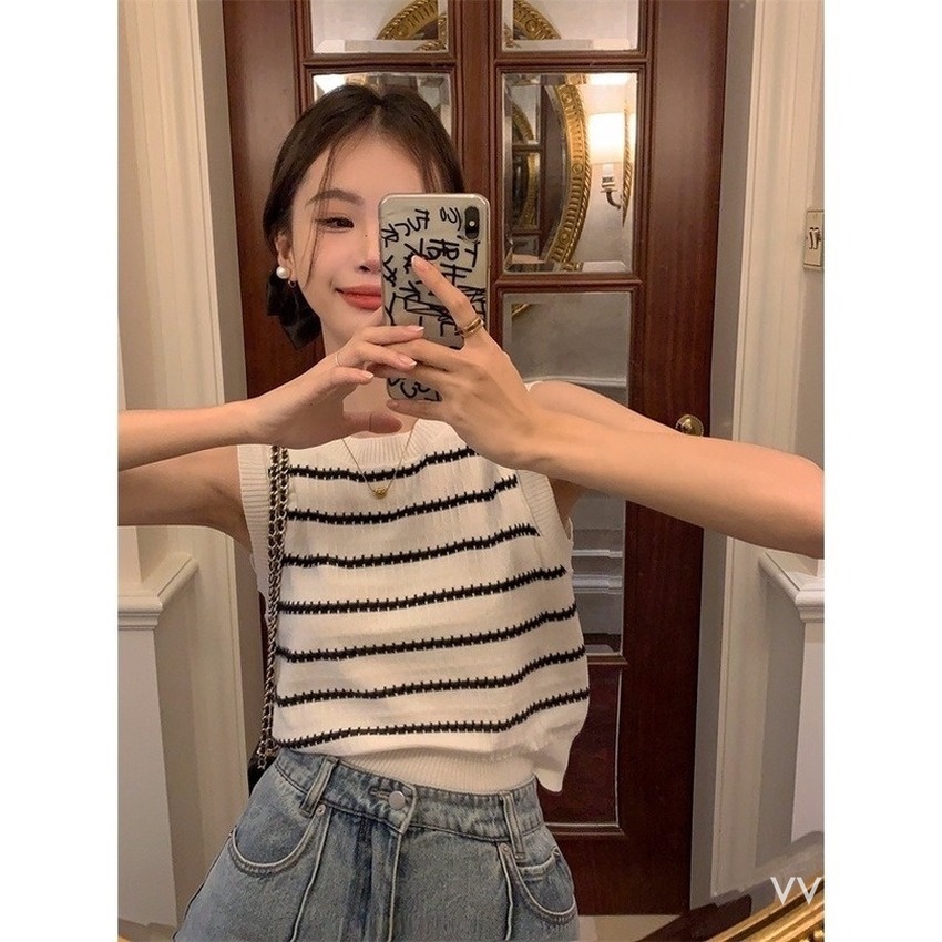 Áo Dệt Kim Sát Nách Dáng Ôm Họa Tiết Kẻ Sọc Thời Trang Hàn Quốc Cho Nữ