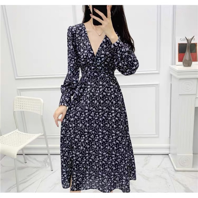 Zara Morocco full tag - đầm Zara hoa nhí màu tối mặc gầy cực kì