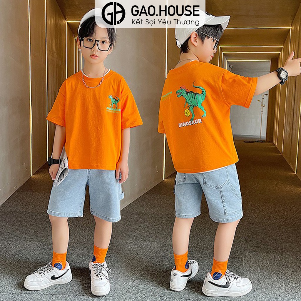 Áo thun bé trai Gạo House cotton 4 chiều cổ tròn cộc tay hình Khủng long T28