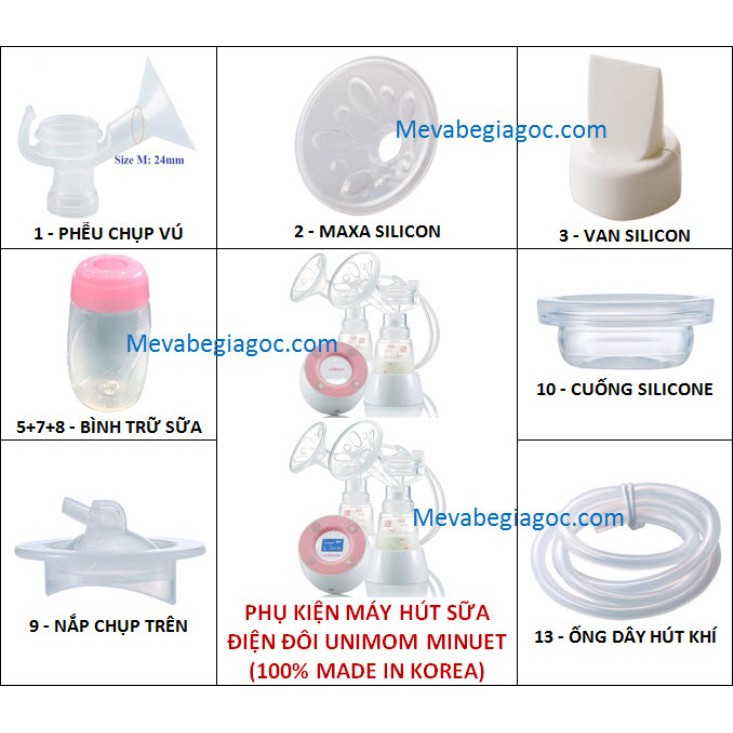 (Made In Korea) (Minuet) (100% Chính Hãng) Phụ Kiện Máy Hút Sữa Điện Đôi Unimom Minuet Pk