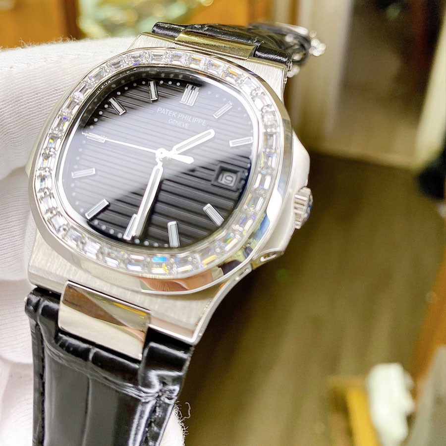 Đồng hồ Nam Patek máy nhật, mẫu mặt vuông đính đá màu đen viền trắng, dòng cơ Automatic size 41mm-42mm