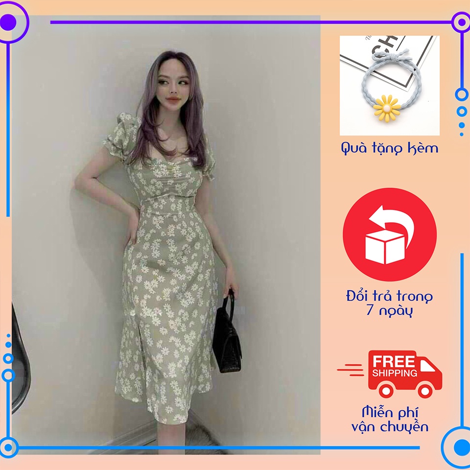 Đầm xẻ tà maxi cổ vuông tay phồng cúc họa mi ChemMix siêu xinh cho nàng đi biển, dạo phố