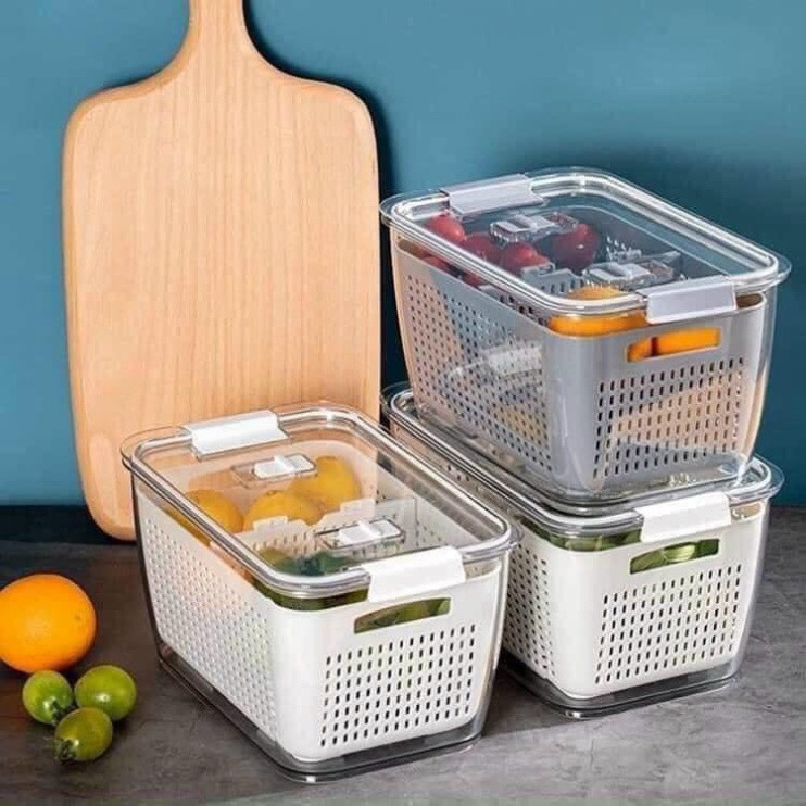 Hộp Nhựa TO Đựng Thực Phẩm Tủ Lạnh 2 Lớp Có Lỗ Thoát Nước Khóa Thoát Khí Dễ Dàng Bảo Quản Rau Củ shop KUMO