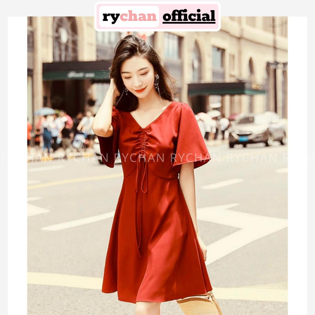 [ẢNH THẬT CUỐI] Đầm Nữ Cổ Vuông Rút Ngực Cột Dây Tay Ngắn Sành Điệu, Đầm Nữ Dạo Mall Form Ngắn Xòe Màu Cam - DX166