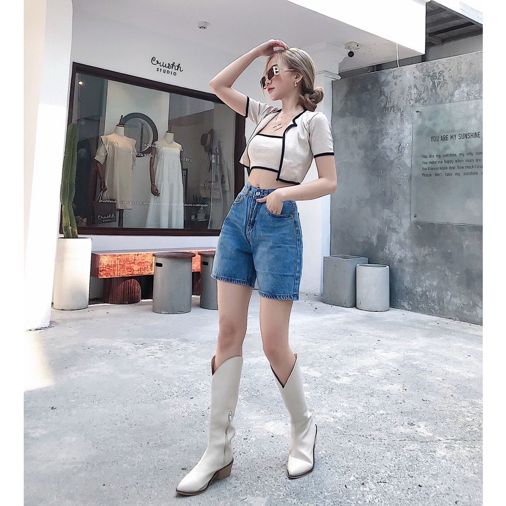 Quần Sọt Jeans Ngố Lửng Ống Rộng Nữ Chất Bò Lưng Cao ULZZANG
