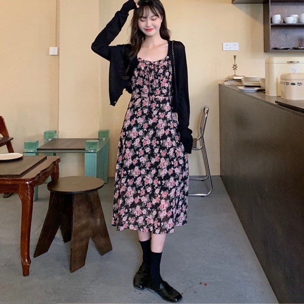 Đầm Hai Dây Dáng Ôm Che Bụng Họa Tiết Hoa 【ZHELIHANGFEI】