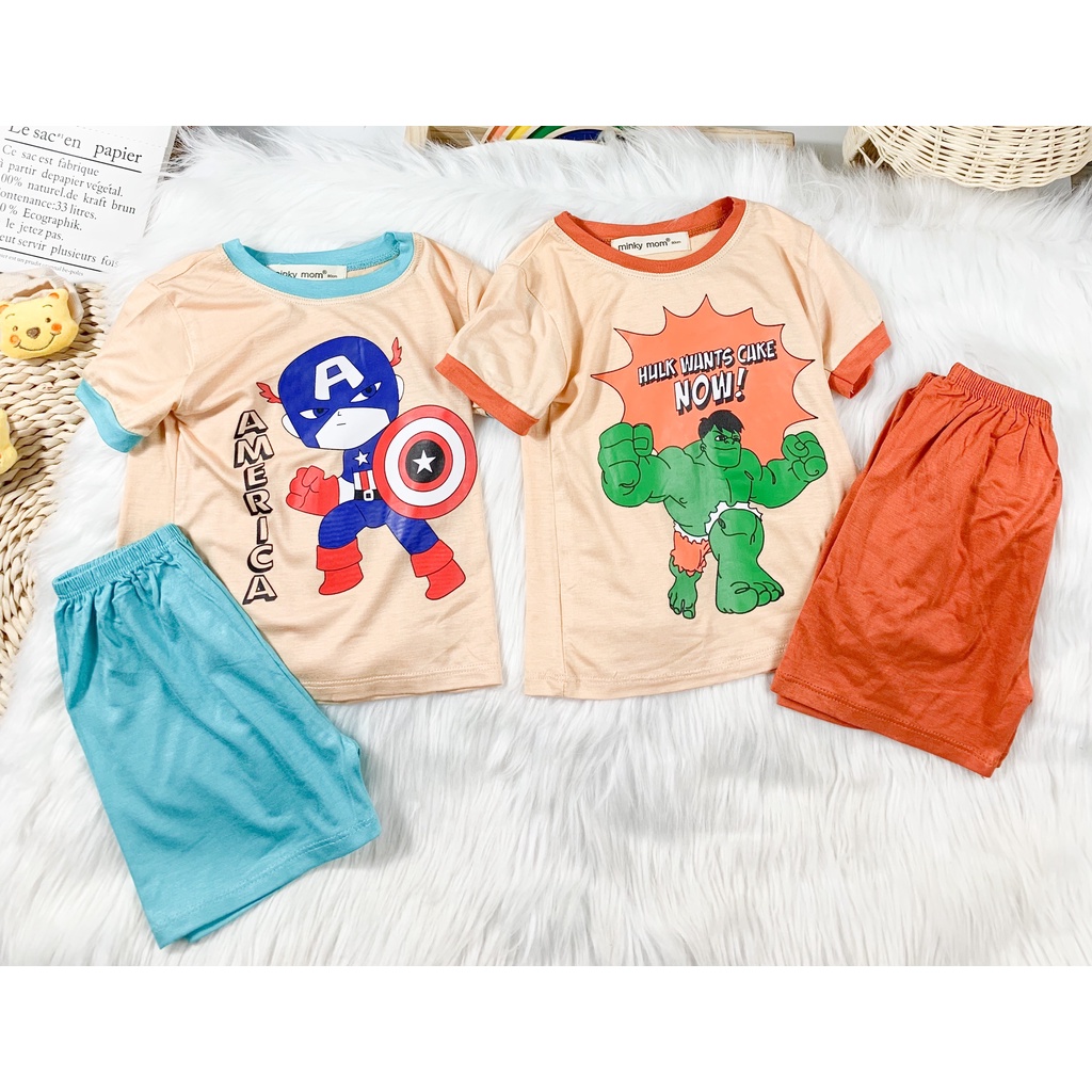 [SALE] Bộ Cộc Tay Cho Bé Trai, Bé Gái Minky Mom Vải Thun Lạnh Hoạ Tiết Mavel Viền Cổ, Đồ Bộ Cho Bé Mặc Nhà MKM2237