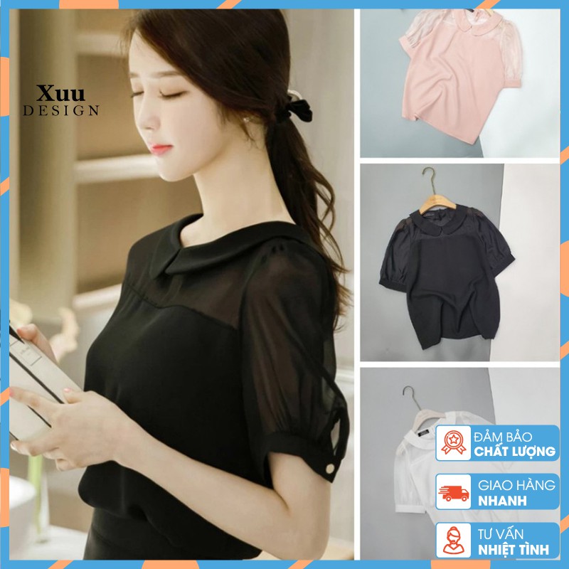 Áo Nữ Kiểu Phối Voan Ngắn Tay Công Sở, Kiểu Dáng Thanh Lịch Nhẹ Nhàng Dễ Phối Đồ ,Chất Vải Lụa Đẹp - SP17