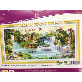 tranh thêu chữ thập phong cảnh 3D lưu thủy sinh tài kt 200x90cm