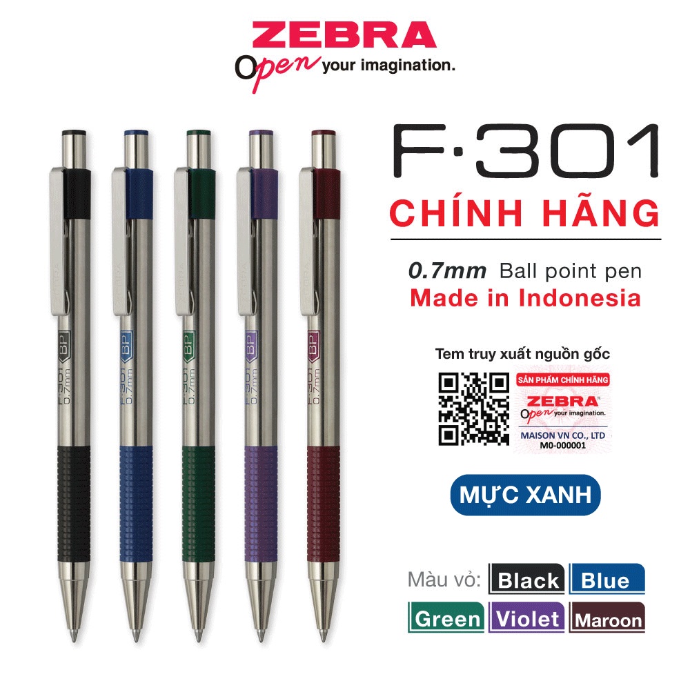 Viết bi bấm kim loại F301 0.7mm Zebra - Nhật [Chính Hãng] - mực xanh