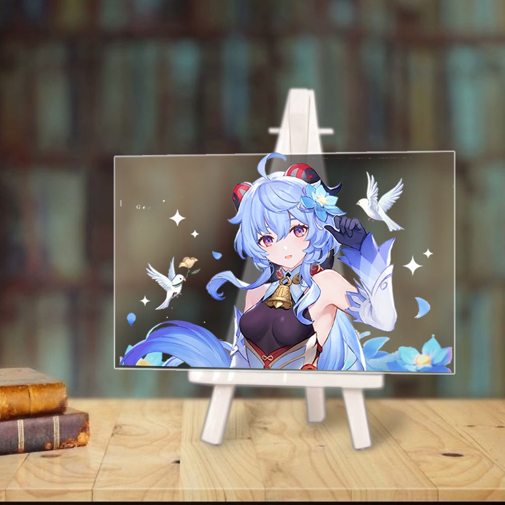 Tranh kính game GENSHIN IMPACT anime chibi acrylic mica trong trưng bày trang trí giá gỗ